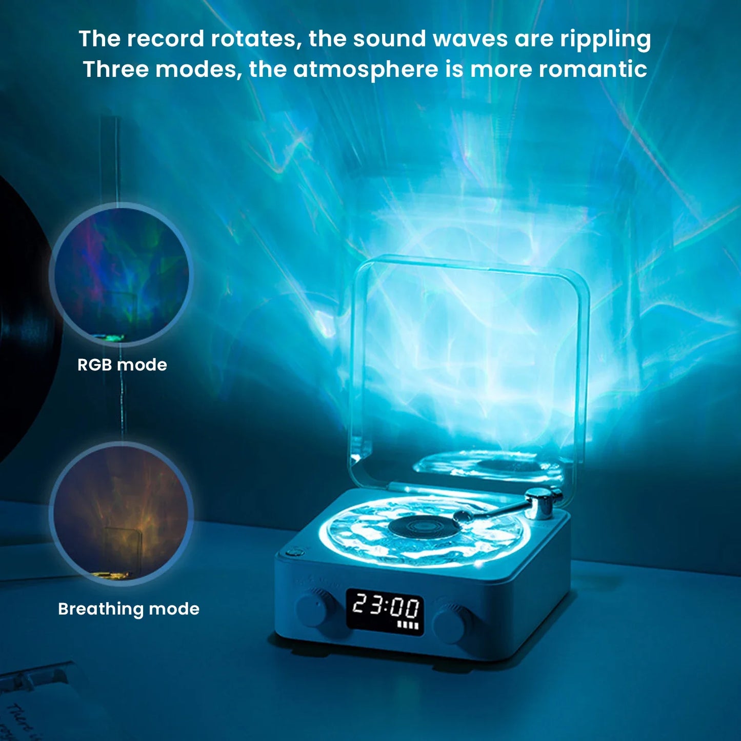 Waves Vinyl Player Bluetooth Speaker with White Noise Dynamic RGB Light Retro Vatage Sleep Aid Turntable Speaker Home Theater